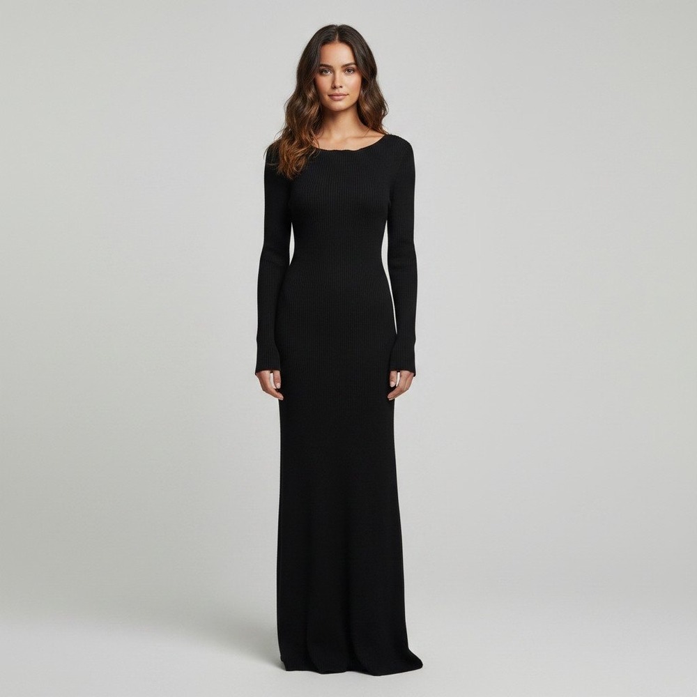 DISSH Black Ribbed Knit Long Sleeve Boat Neck Maxi Dress Women's Size Large